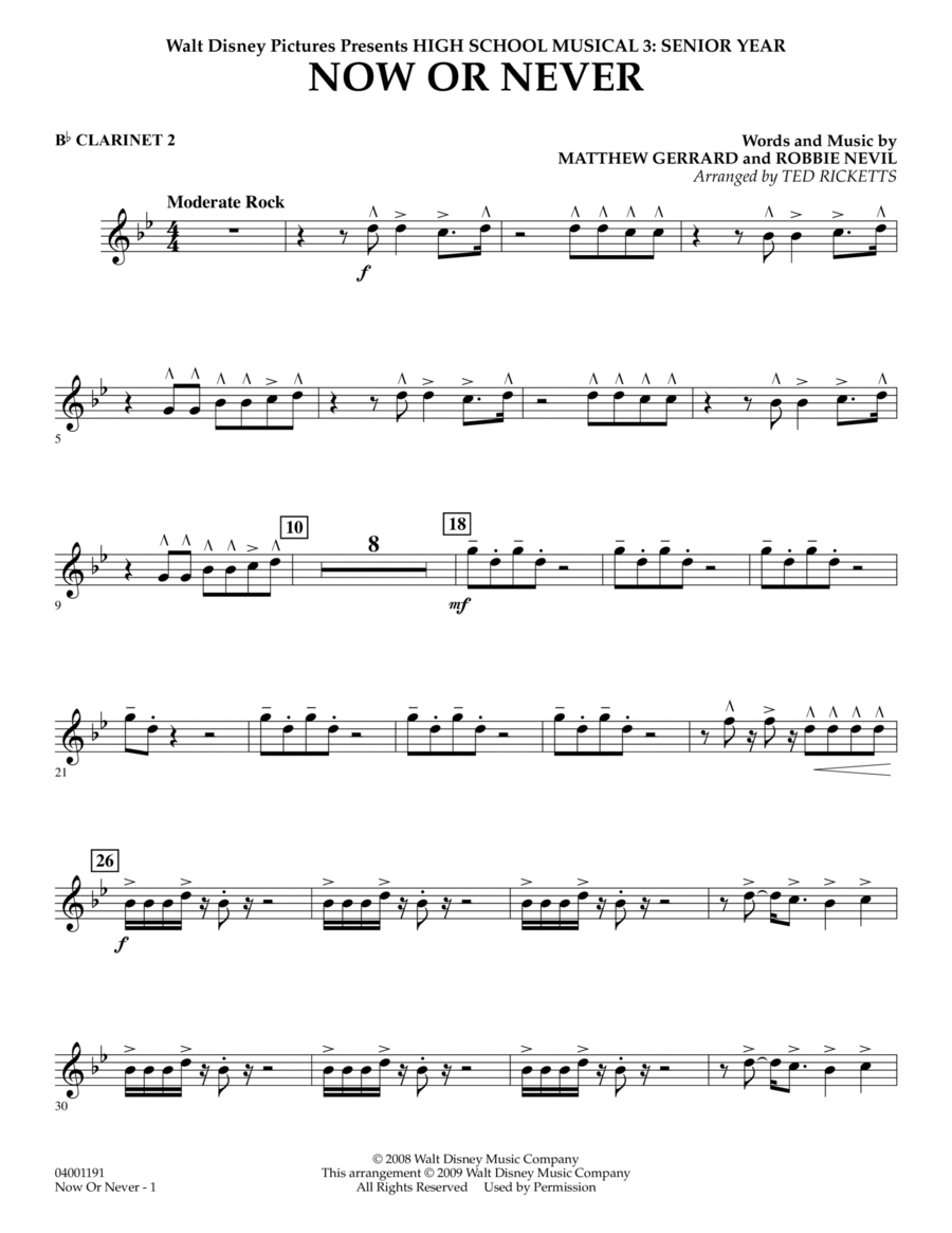 Now or Never (from High School Musical 3) - Bb Clarinet 2 B-Flat Clarinet scores gallery preview page 1