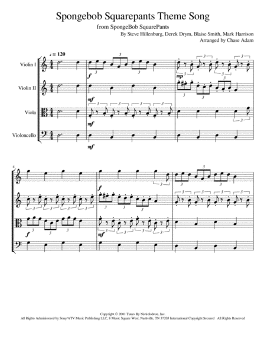 Spongebob Squarepants Theme Song String Quartet scores gallery preview page 1