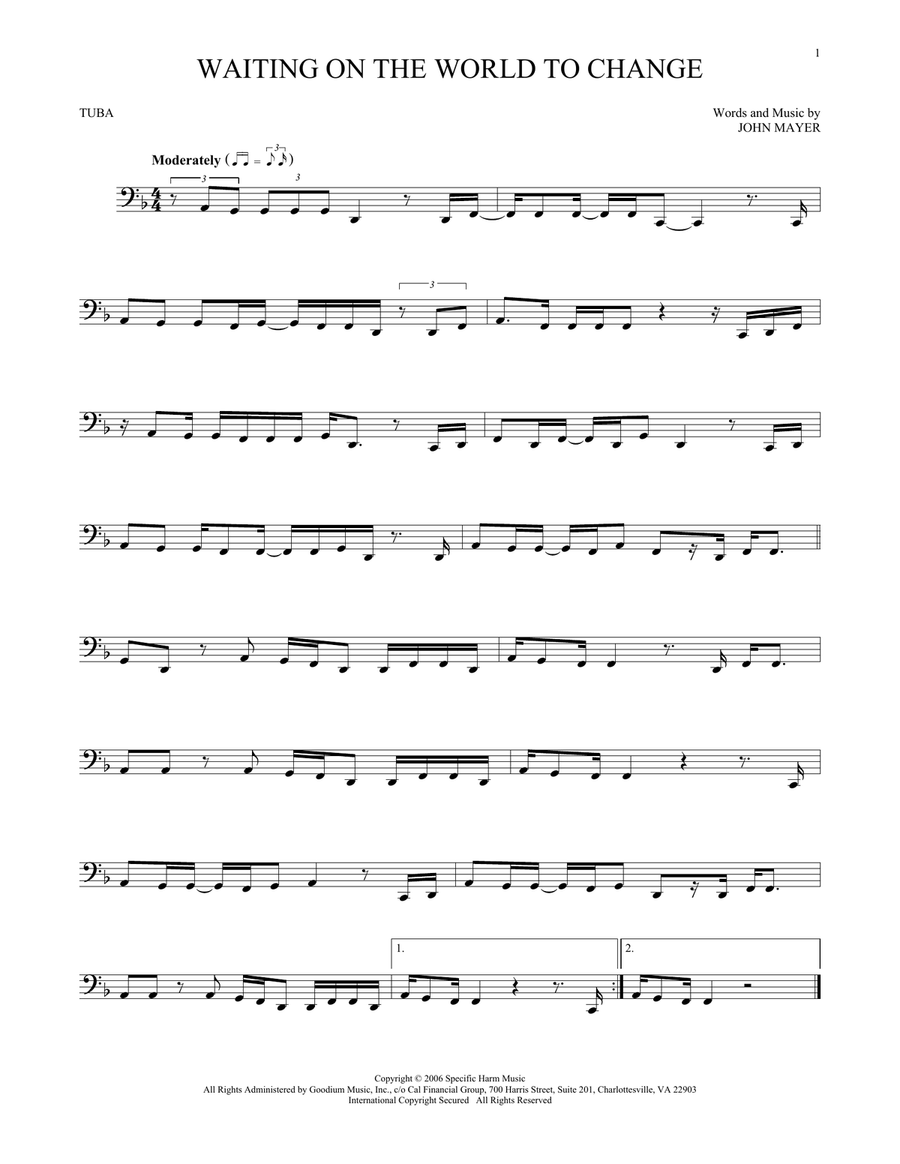 Waiting On The World To Change Tuba scores gallery preview page 1