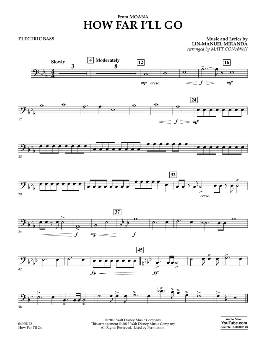 How Far I'll Go (from Moana) - Electric Bass