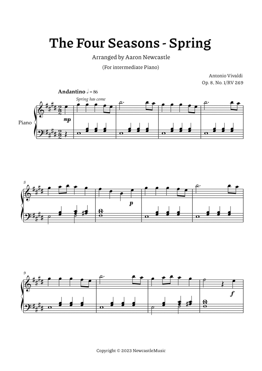 Vivaldi, Spring (The Four Seasons) — Intermediate Piano Piano scores gallery preview page 1