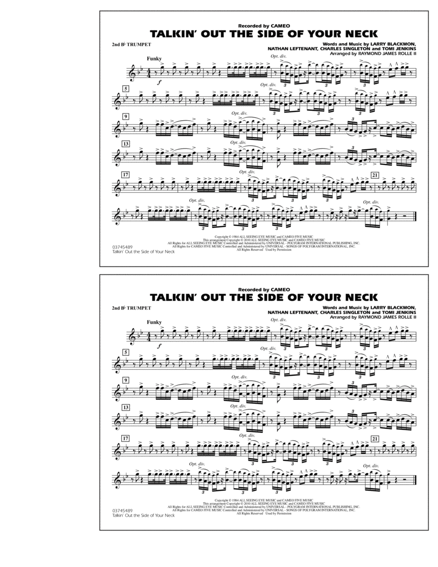 Talkin' Out The Side Of Your Neck - 2nd Bb Trumpet Marching Band scores gallery preview page 1