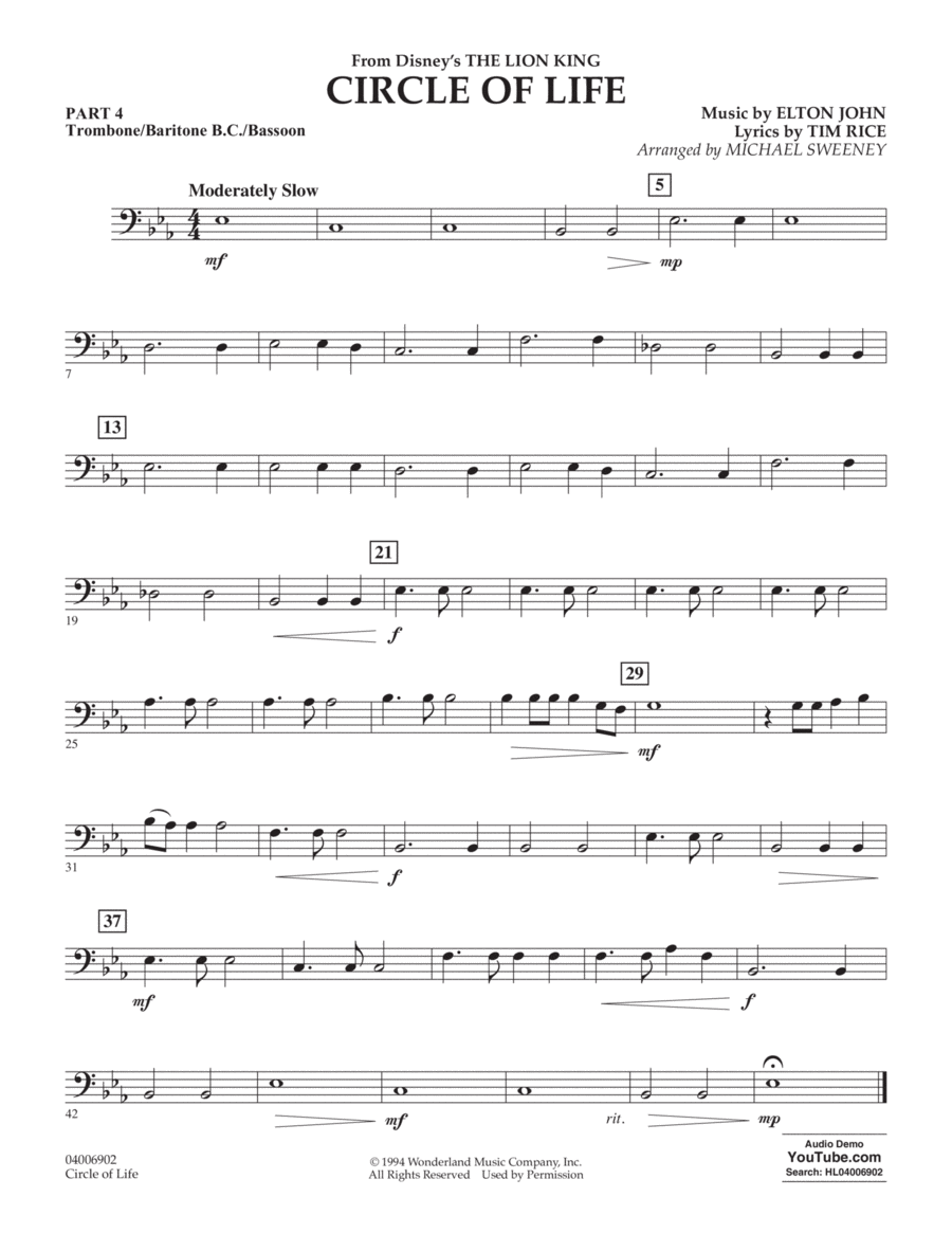 Circle of Life (from The Lion King) (arr. Michael Sweeney) - Pt.4 - Trombone/Bar. B.C./Bsn. Concert Band scores gallery preview page 1