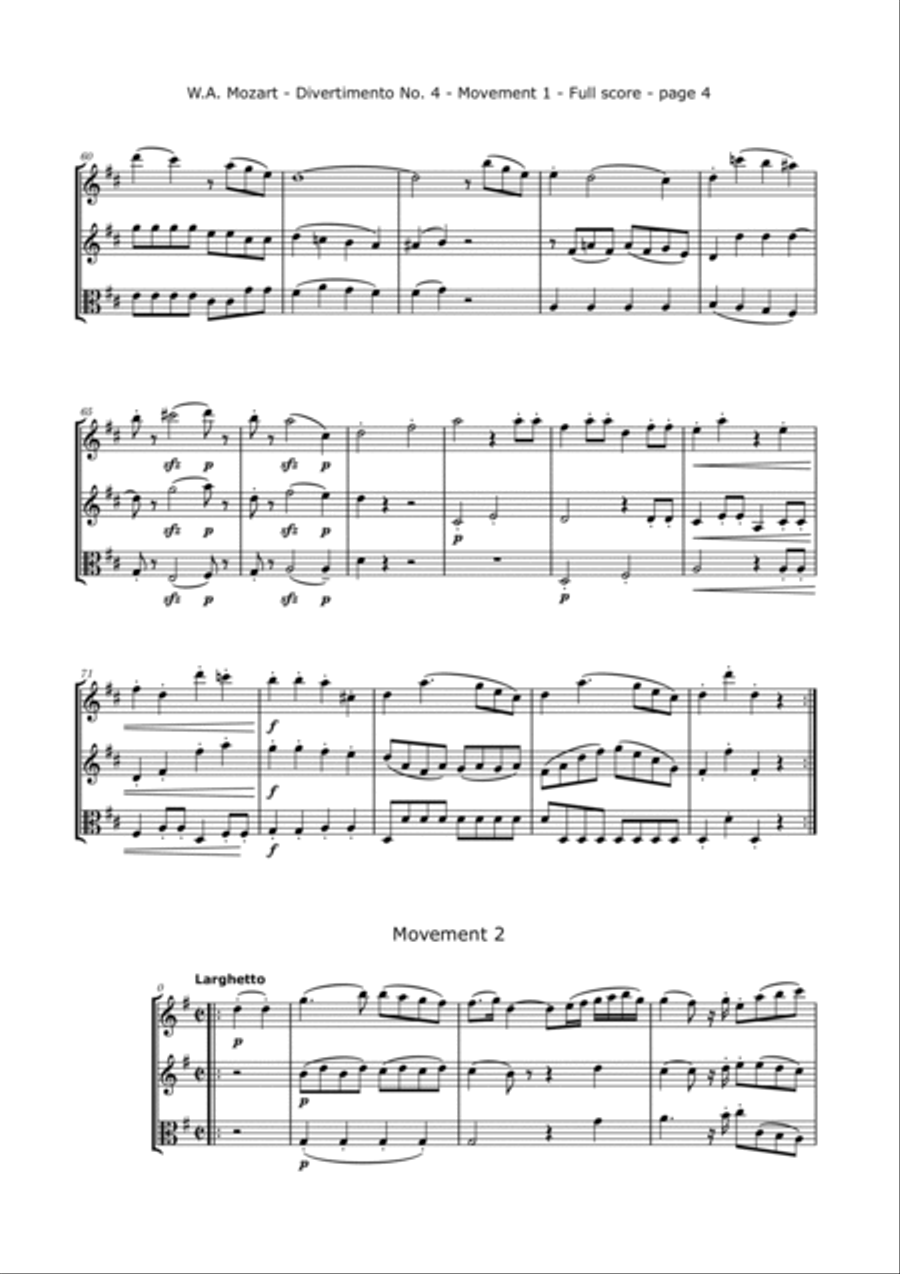 Mozart, W.A. - Divertimento No. 4, KV. 229 for 2 Violins and Viola String Trio scores gallery preview page 5