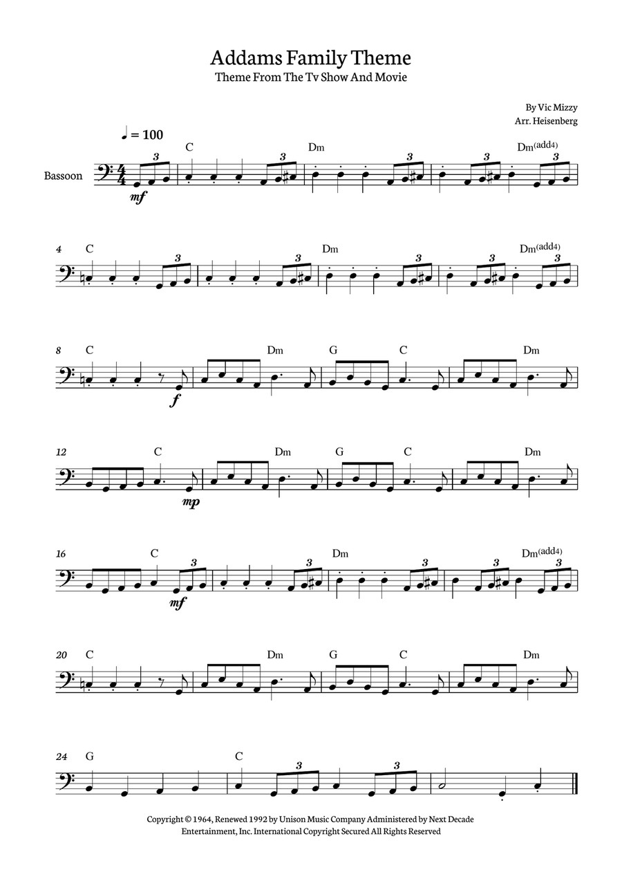 Addams Family Theme Bassoon Solo scores gallery preview page 1