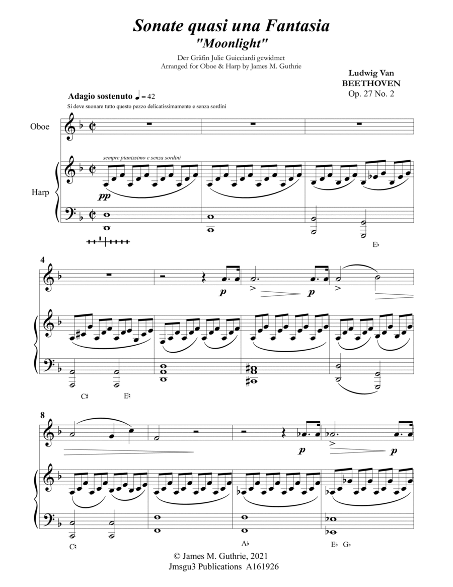 Beethoven: Adagio from the Moonlight Sonata for Oboe & Harp Harp scores gallery preview page 1