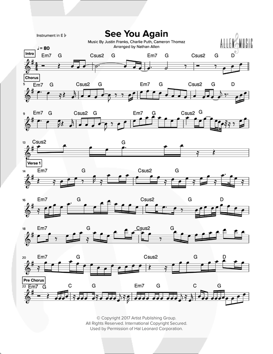 See You Again from FURIOUS 7 Alto Saxophone scores gallery preview page 1