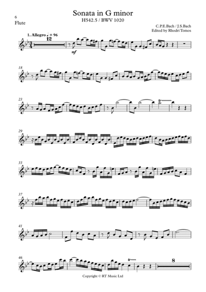 Bach BWV1020 / CPE Bach H542.5 - Sonata in G minor - solo parts