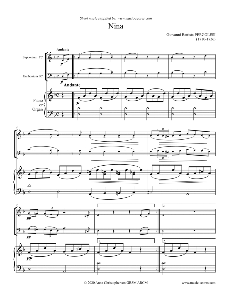 Nina - Euphonium and Piano/Organ (D minor) Brass Duet scores gallery preview page 1