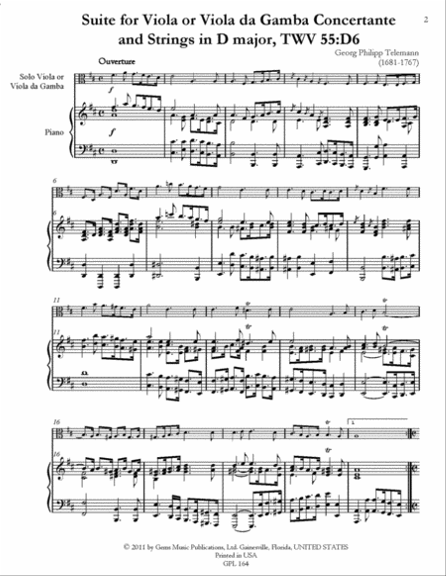 Suite in D major, TWV 55:D6 for Viola or Viola da Gamba Concertante and Strings Viola scores gallery preview page 2