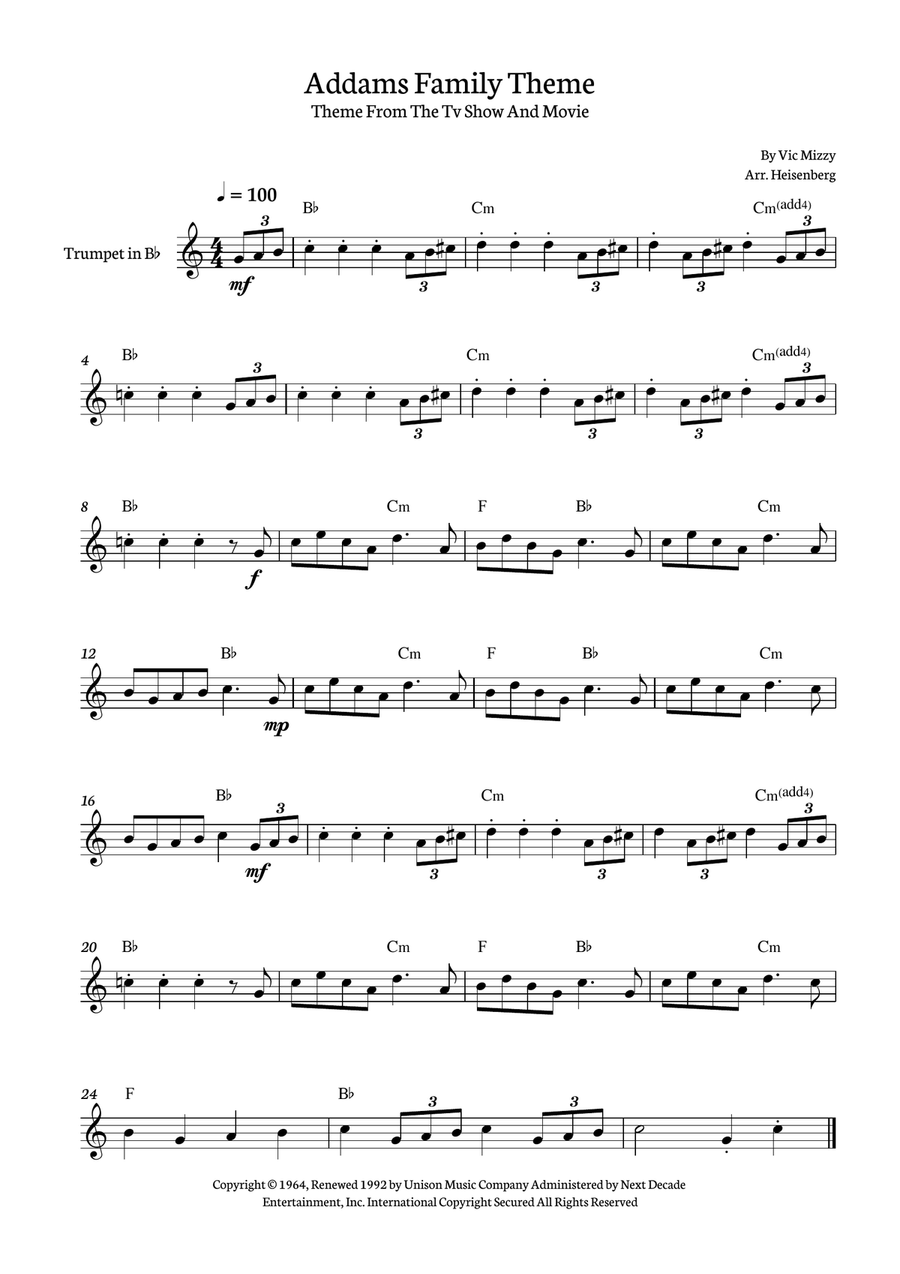 Addams Family Theme B-Flat Trumpet scores gallery preview page 1
