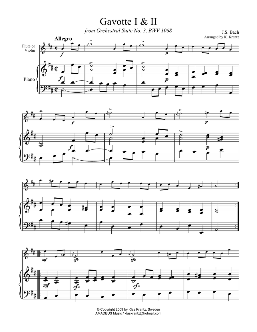 Gavotte 1 & 2 BWV 1068 for flute or violin and piano Flute Solo scores gallery preview page 2