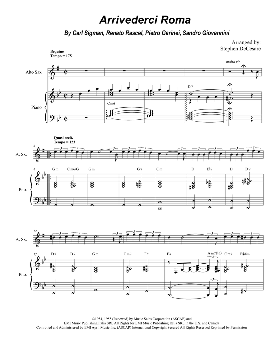 Arrivederci Roma (goodbye To Rome) Alto Saxophone scores gallery preview page 1