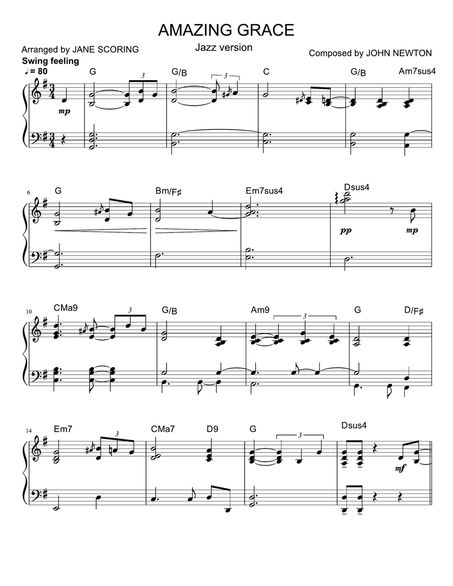 Amazing Grace Jazz Version Piano Solo scores gallery preview page 2