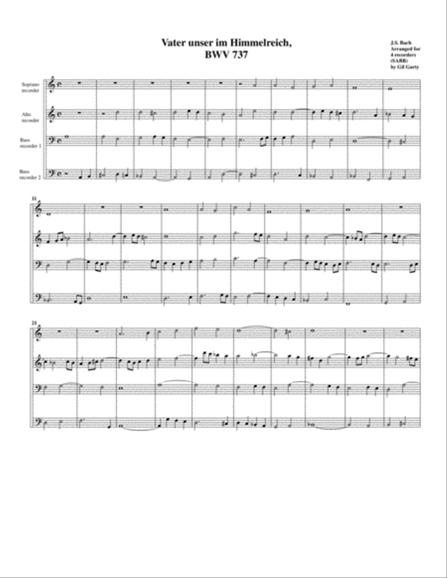 Vater unser im Himmelreich, BWV 737 (arrangement for 4 recorders) Recorder scores gallery preview page 1