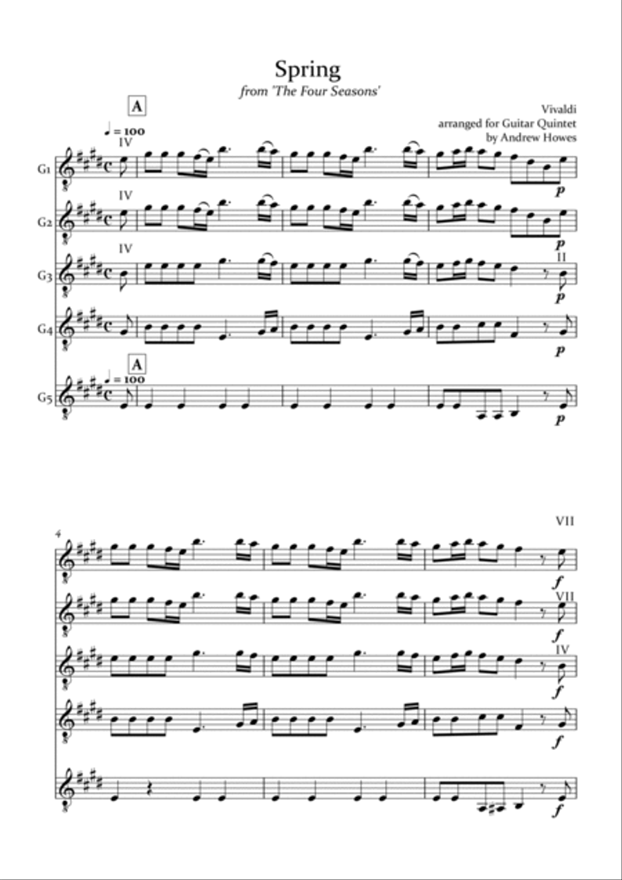 Vivaldi: Spring from 'The Four Seasons' Classical Guitar scores gallery preview page 1