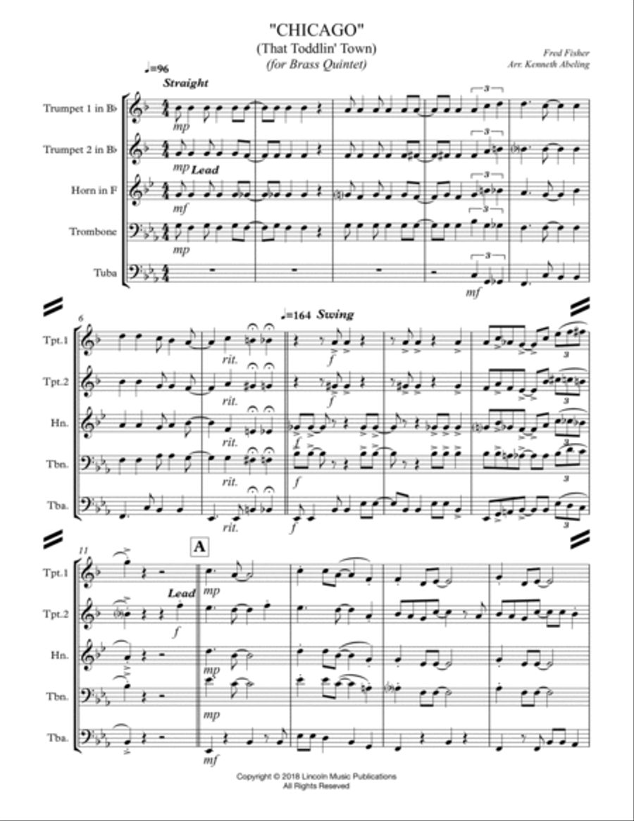 CHICAGO (That Toddlin' Town) (for Brass Quintet) Brass Quintet scores gallery preview page 2