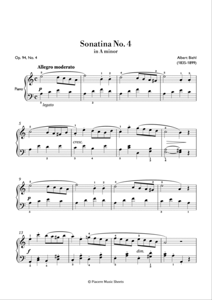 Biehl - Sonatina No. 4 Op. 94 in A minor - Easy Piano Method scores gallery preview page 2
