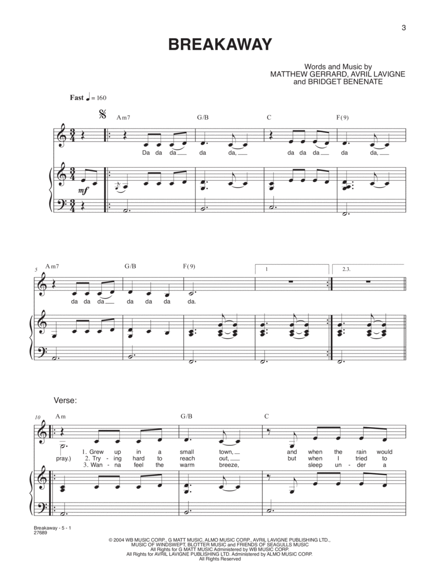 Breakaway by Kelly Clarkson Piano, Vocal, Guitar - Digital Sheet Music