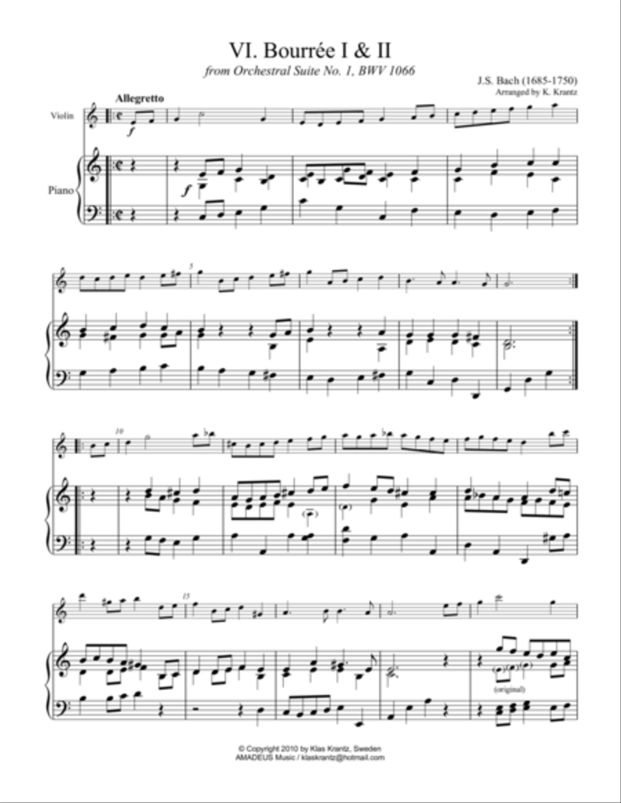 Bourree 1 & 2 from Suite No 1, BWV 1066 for violin and piano Violin Solo scores gallery preview page 1