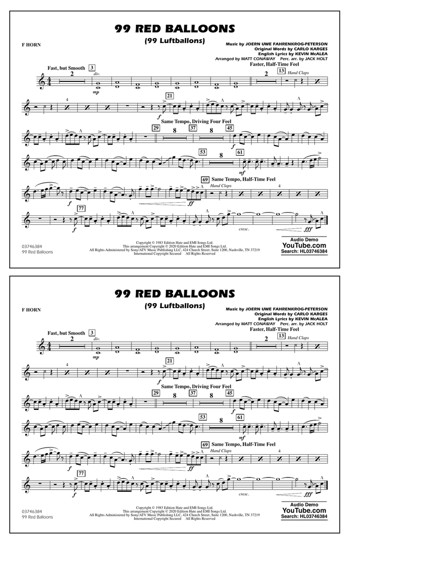 99 Red Balloons (arr. Holt and Conaway) - F Horn
