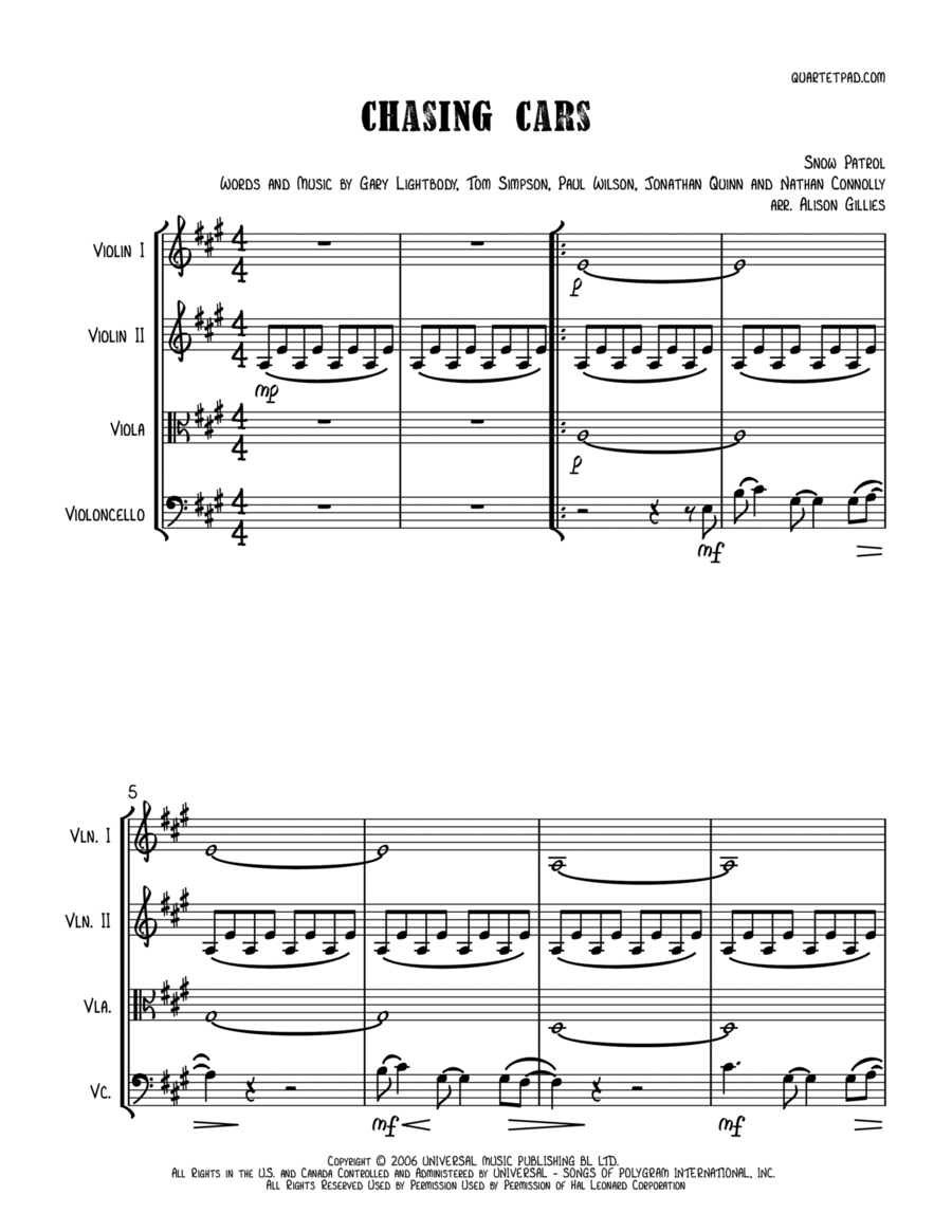 Chasing Cars String Quartet scores gallery preview page 1