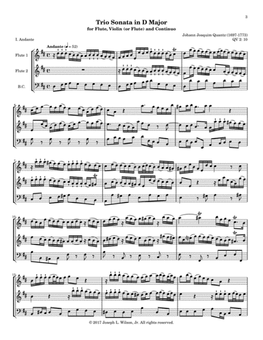 Quantz Trio Sonata in D Major for Flute, Violin (or Second Flute) and Continuo, QV 2:10 image number null
