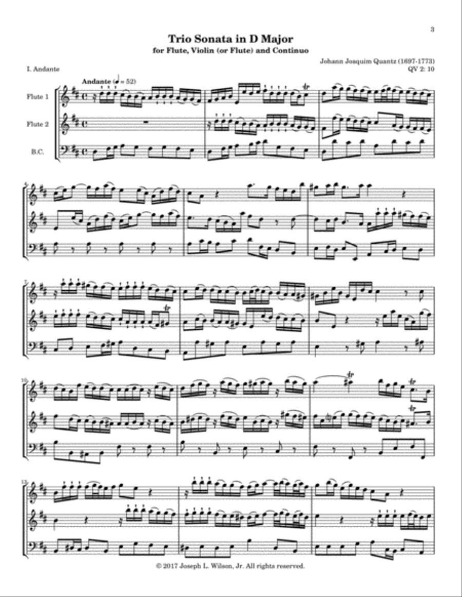 Quantz Trio Sonata in D Major for Flute, Violin (or Second Flute) and Continuo, QV 2:10 Small Ensemble scores gallery preview page 3