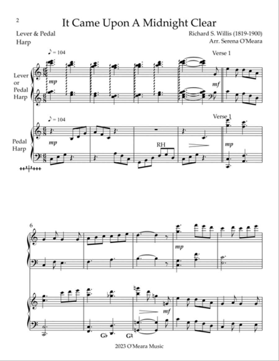 It Came Upon A Midnight Clear, Harp Duet - Key of C Pedal Harp scores gallery preview page 2