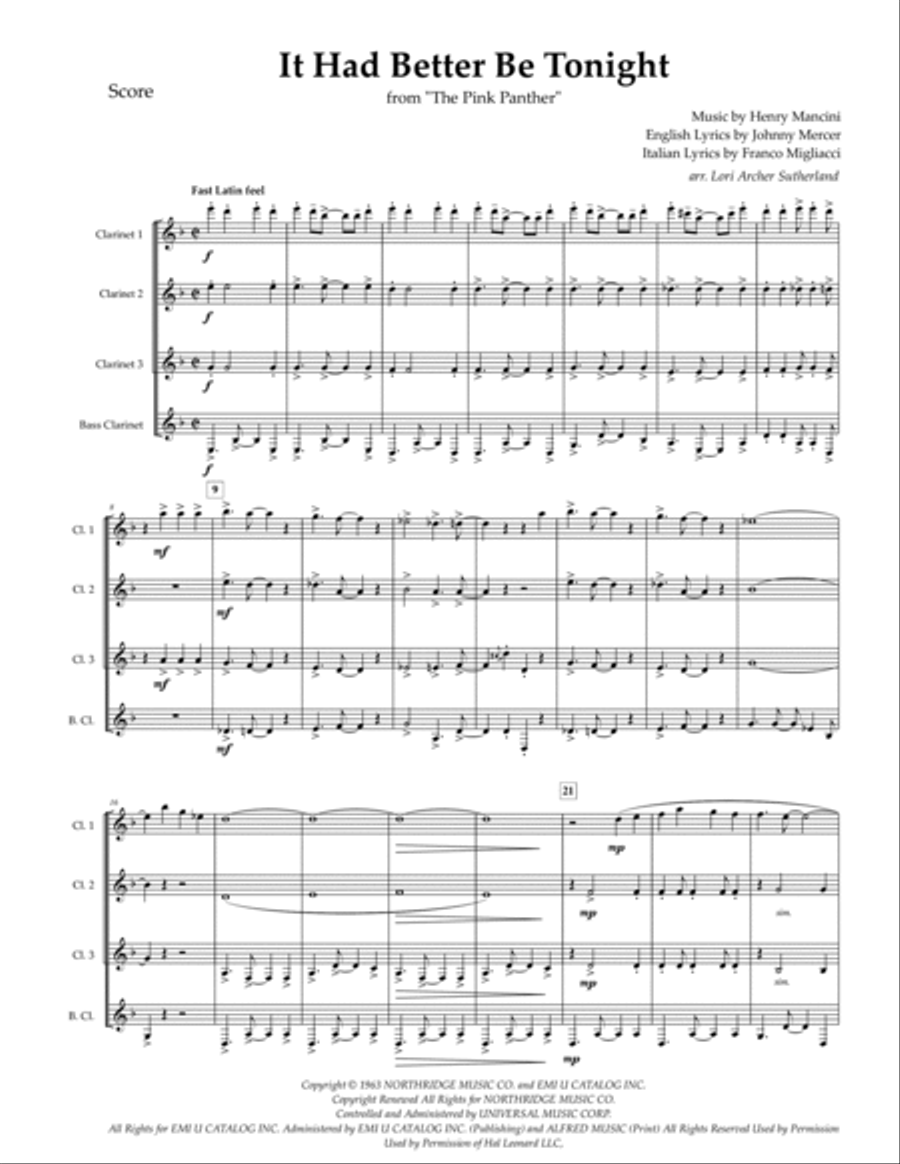 It Had Better Be Tonight Clarinet Quartet scores gallery preview page 2