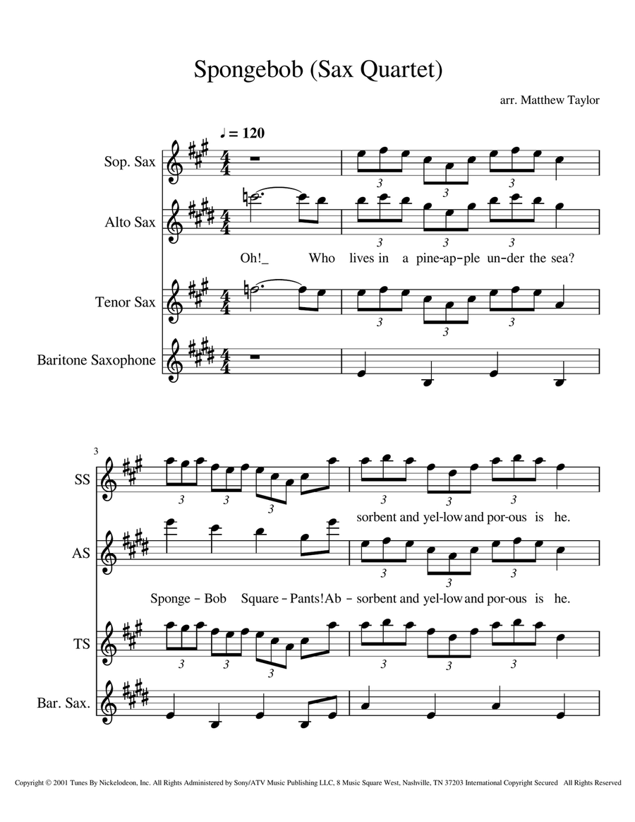 Spongebob Squarepants Theme Song Woodwind Quartet scores gallery preview page 1