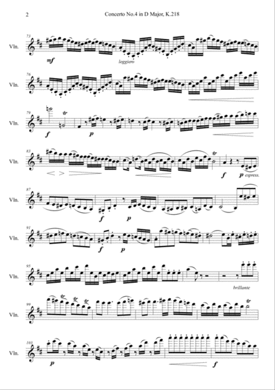 Mozart : Concerto No 4 in D Major K 218 Mov 1 With Joachim Cadenza Violin Solo scores gallery preview page 2