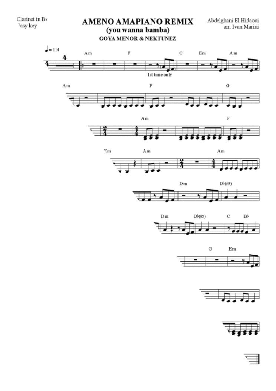 Ameno Amapiano Remix (you Wanna Bamba) B-Flat Clarinet scores gallery preview page 1