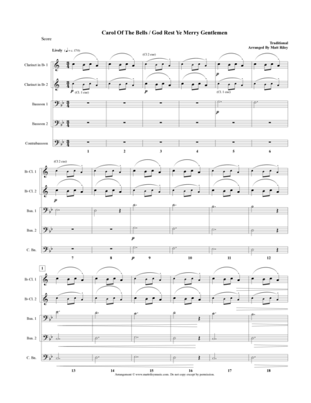 Carol Of The Bells / God Rest Ye Merry Gentlemen - 2 Clarinets, 2 Bassoons, 1 Contrabassoon (Optiona image number null