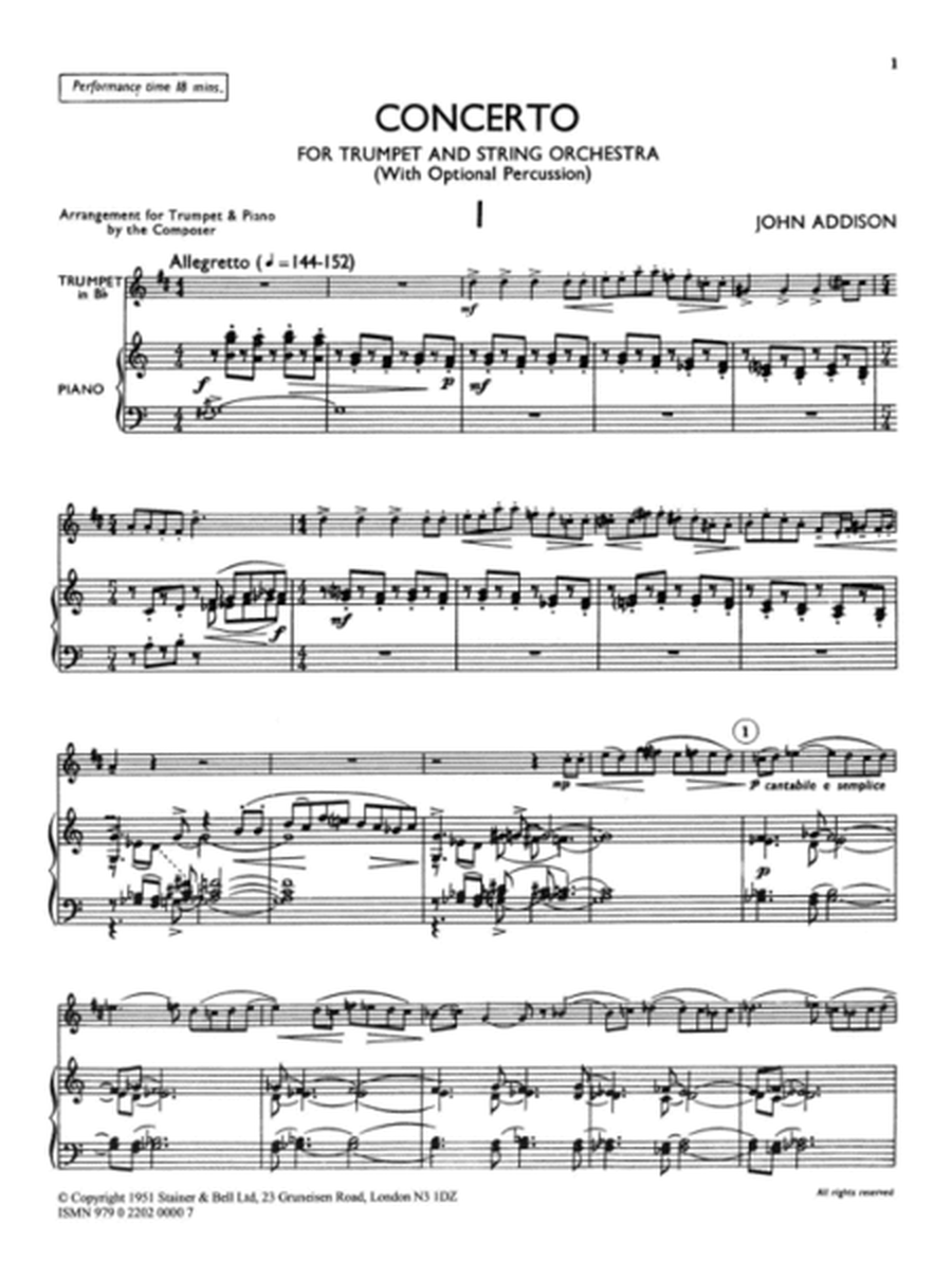 Concerto for Trumpet and Strings with optional Percussion. Transcribed for Trumpet and Piano