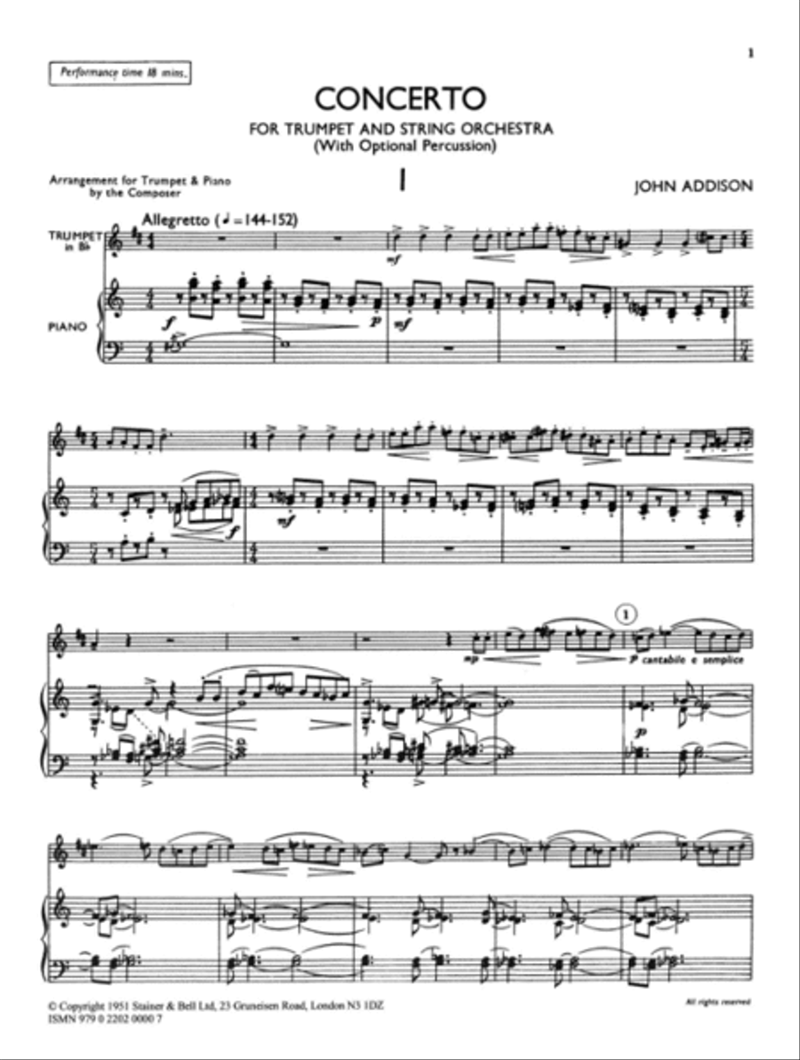 Concerto for Trumpet and Strings with optional Percussion. Transcribed for Trumpet and Piano Trumpet scores gallery preview page 2