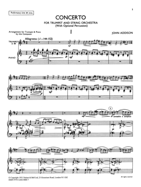 Concerto for Trumpet and Strings with optional Percussion. Transcribed for Trumpet and Piano
