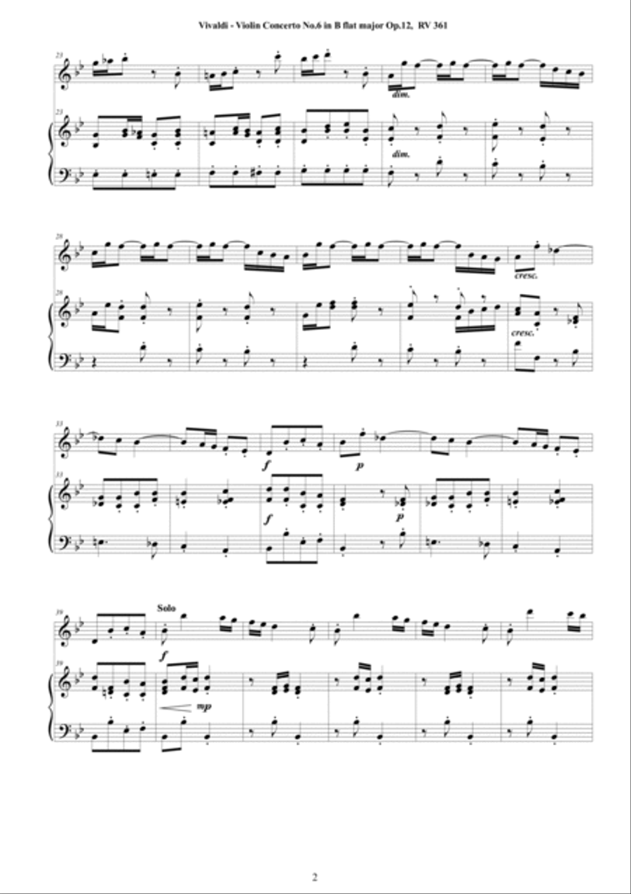 Vivaldi - Violin Concerto No.6 in B flat major Op.12 RV 361 for Violin and Piano Violin Solo scores gallery preview page 2