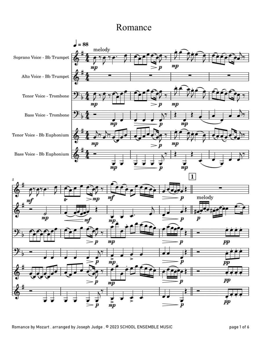 Romance by Mozart for Brass Quartet in Schools Brass Quartet scores gallery preview page 1
