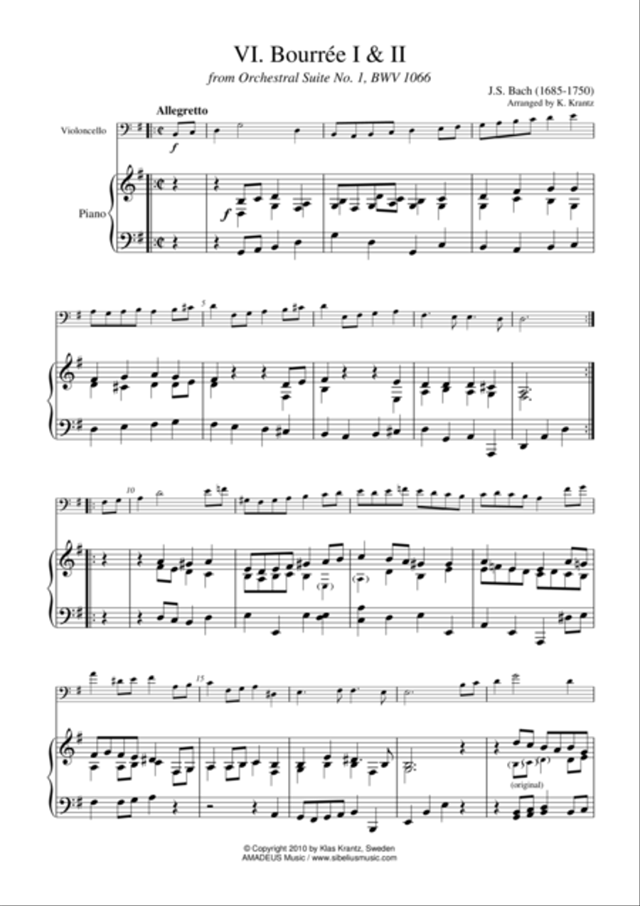 Bourree 1 & 2 from Suite No 1, BWV 1066 for cello and piano Piano scores gallery preview page 1
