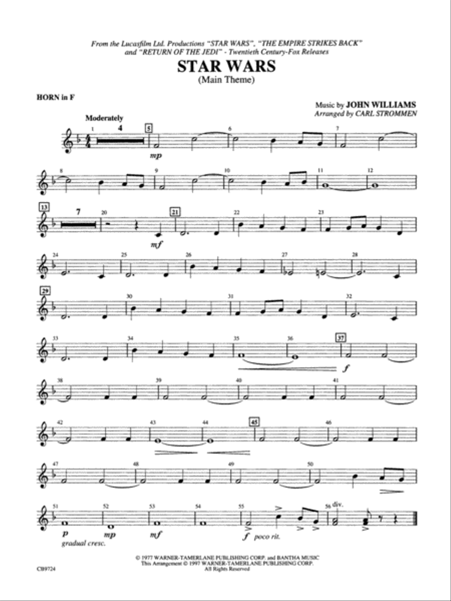 Star Wars Main Theme: 1st F Horn Concert Band scores gallery preview page 1