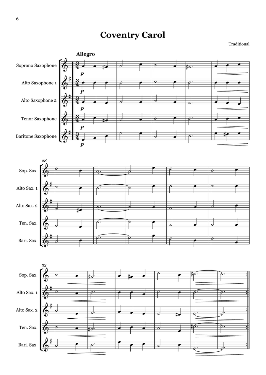 Christmas Carol Selection vol. 2 for SAATB saxophone quintet Saxophone Quintet scores gallery preview page 6