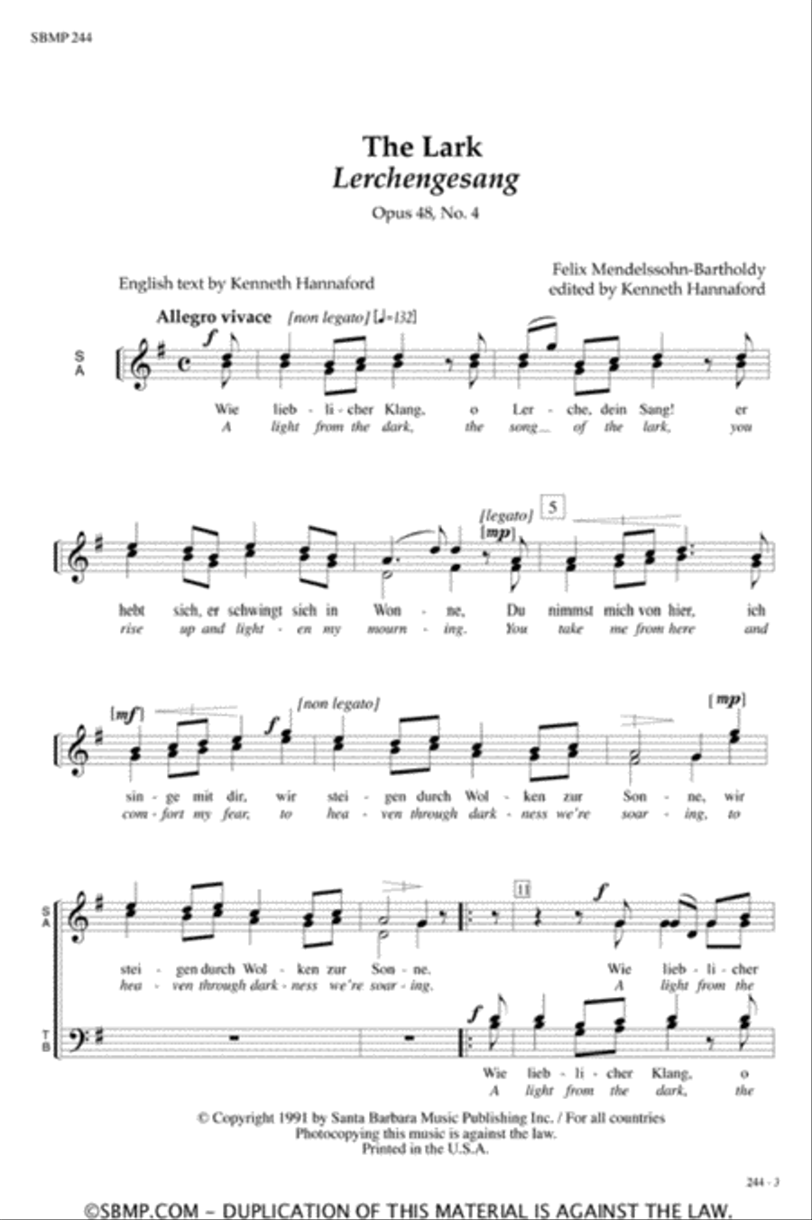 The Lark (Lerchengesang) - SATB Octavo 4-Part scores gallery preview page 2