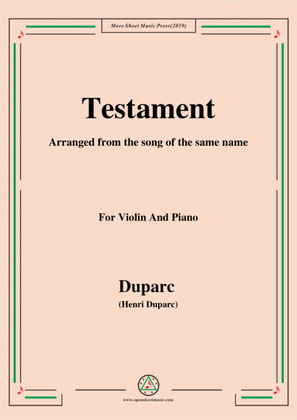 Book cover for Duparc-Testament,for Violin and Piano