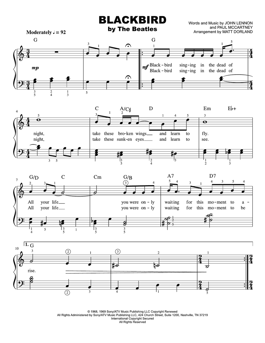 Blackbird Easy Piano scores gallery preview page 1