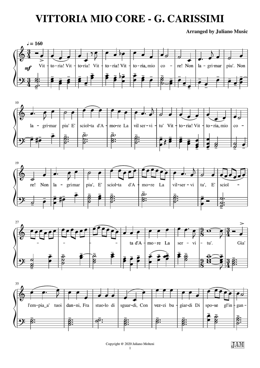 VITTORIA MIO CORE (PIANO REDUCTION WITH LYRICS) - G. CARISSIMI Piano Method scores gallery preview page 3