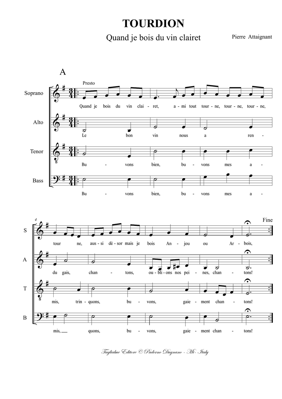 TOURDION (Quand je bois du vin clairet) - for SATB Choir 4-Part scores gallery preview page 2