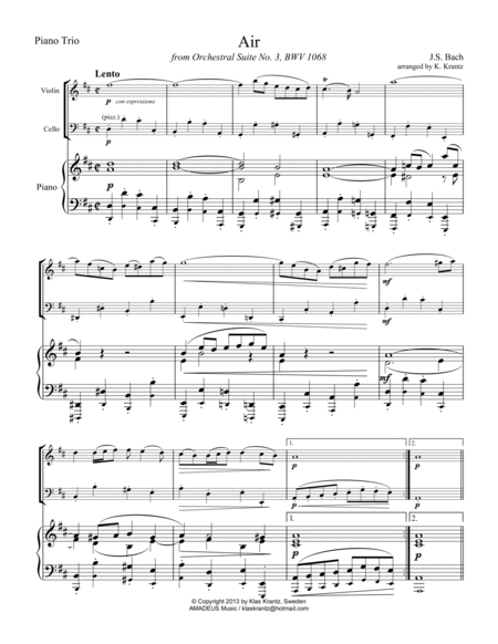 Air and Gavotte I & II from Suite No. 3, BWV 1068 for piano trio image number null
