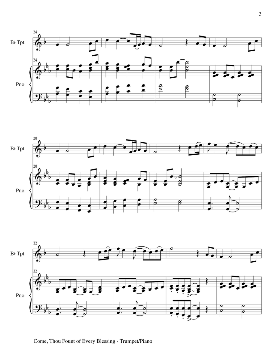 COME, THOU FOUNT OF EVERY BLESSING (Bb Trumpet/Piano and Trumpet Part) Trumpet Solo scores gallery preview page 3