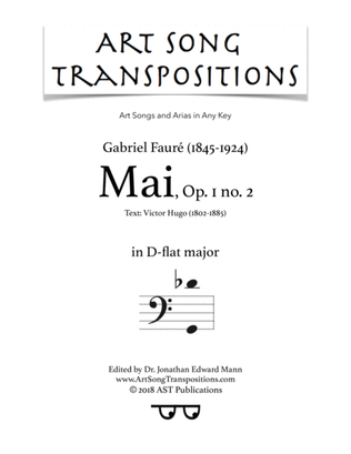 Book cover for FAURÉ: Mai, Op. 1 no. 2 (transposed to D-flat major, bass clef)